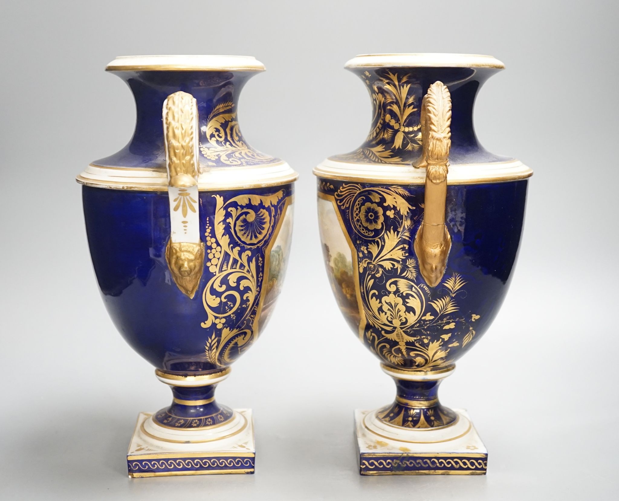 A pair of Derby two handled vases, early 19th century 29cm